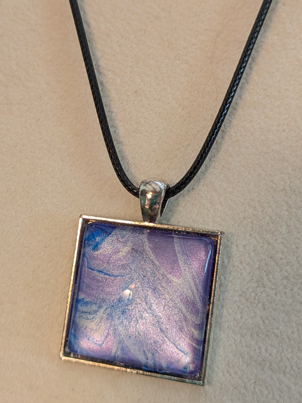 Shimmering Purple And Blue Marbled Square Pendant Necklace - Hand Painted